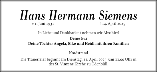 Traueranzeige von Hans Hermann Siemens von Husumer Nachrichten, Nordfriesland Tageblatt