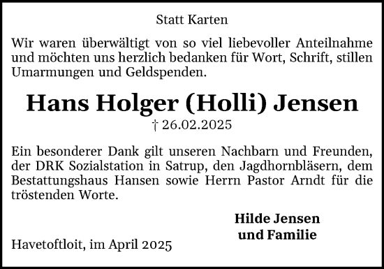 Traueranzeige von Hans Holger Jensen von Flensburger Tageblatt
