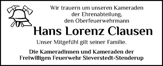Traueranzeige von Hans Lorenz Clausen von Flensburger Tageblatt