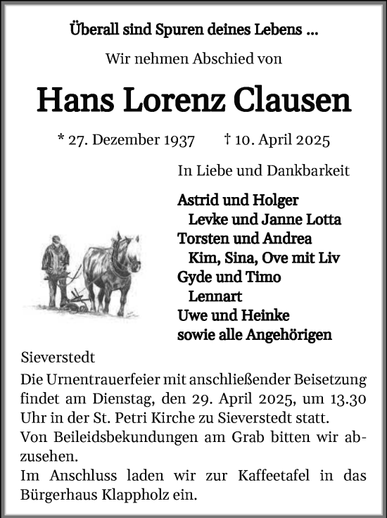 Traueranzeige von Hans Lorenz Clausen von Flensburger Tageblatt