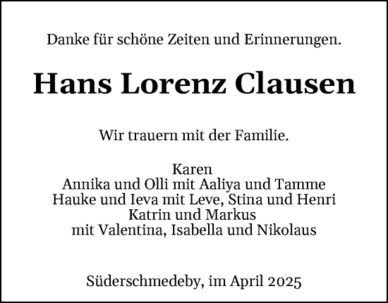 Traueranzeige von Hans Lorenz Clausen von Flensburger Tageblatt