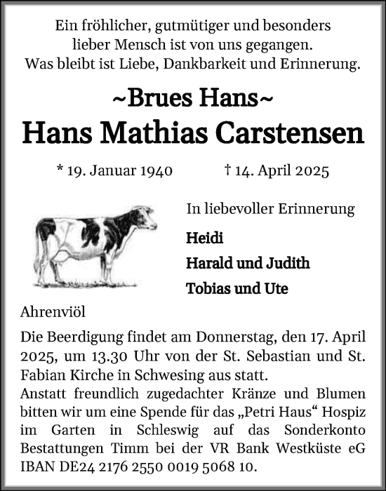 Traueranzeige von Hans Mathias Carstensen von Husumer Nachrichten, Nordfriesland Tageblatt
