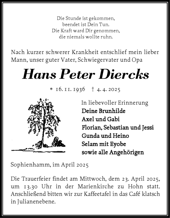 Traueranzeige von Hans Peter Diercks von Schleswig-Holsteinische Landeszeitung
