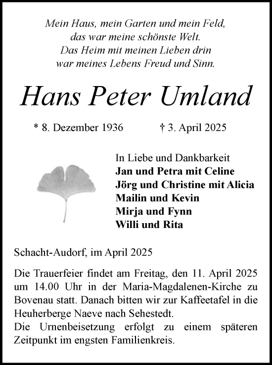 Traueranzeige von Hans Peter Umland von Schleswig-Holsteinische Landeszeitung