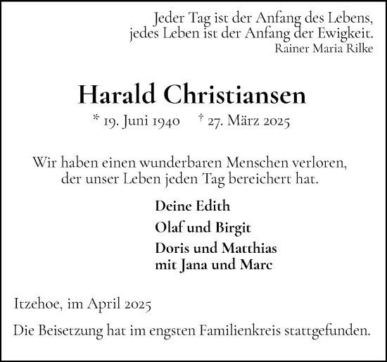 Traueranzeige von Harald Christiansen von Norddeutsche Rundschau, Wilstersche Zeitung, Glückstädter Fortuna