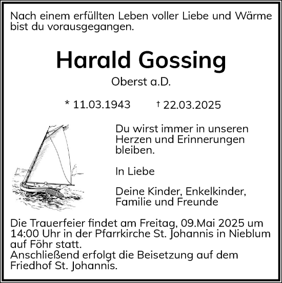 Traueranzeige von Harald Gossing von Der Insel-Bote