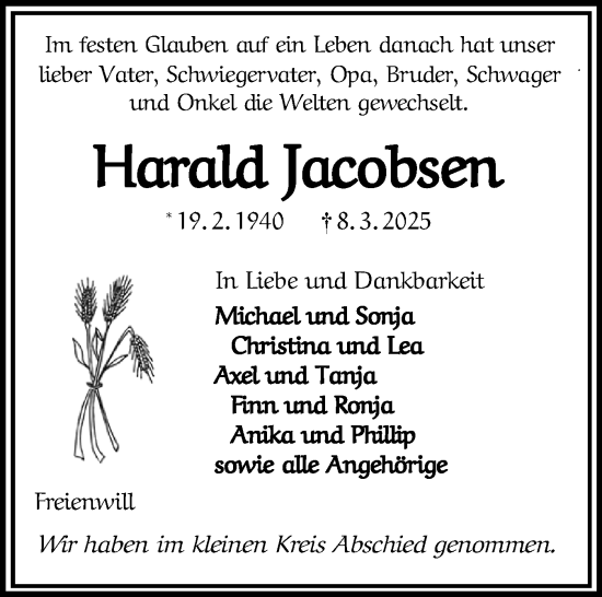 Traueranzeige von Harald Jacobsen von Flensburger Tageblatt