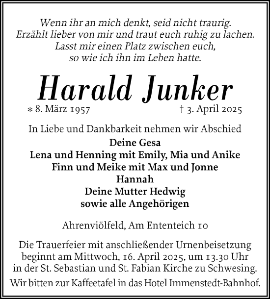 Traueranzeige von Harald Junker von Husumer Nachrichten, Nordfriesland Tageblatt
