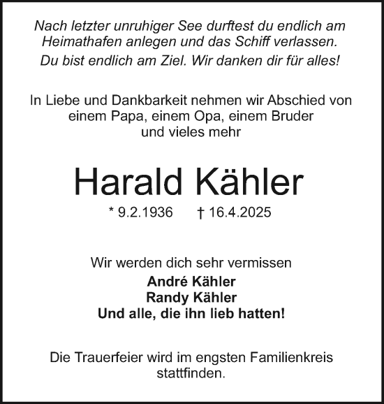 Traueranzeige von Harald Kähler von Holsteinischer Courier