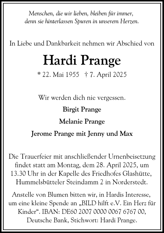 Traueranzeige von Hardi Prange von Heimatspiegel