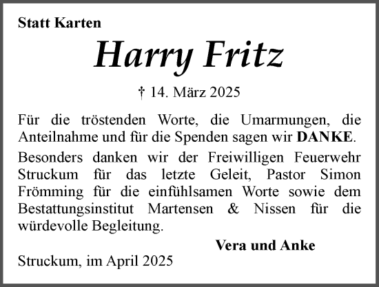 Traueranzeige von Harry Fritz von Husumer Nachrichten, Nordfriesland Tageblatt