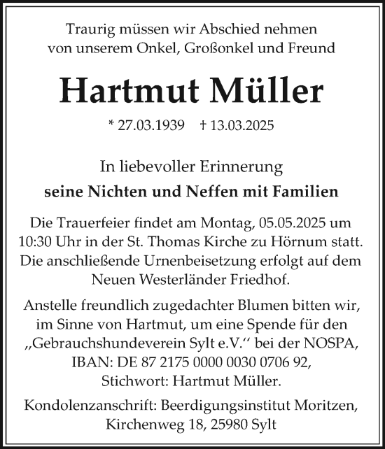 Traueranzeige von Hartmut Müller von Sylter Rundschau