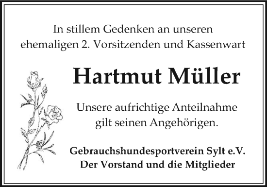 Traueranzeige von Hartmut Müller von Sylter Rundschau