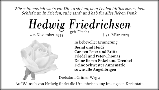 Traueranzeige von Hedwig Friedrichsen von Husumer Nachrichten, Nordfriesland Tageblatt