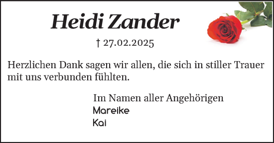 Traueranzeige von Heidi Zander von Norddeutsche Rundschau, Wilstersche Zeitung, Glückstädter Fortuna