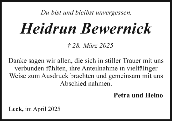 Traueranzeige von Heidrun Bewernick von Husumer Nachrichten, Nordfriesland Tageblatt