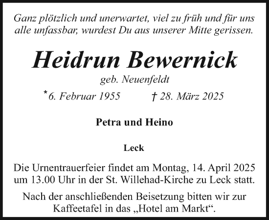 Traueranzeige von Heidrun Bewernick von Husumer Nachrichten, Nordfriesland Tageblatt