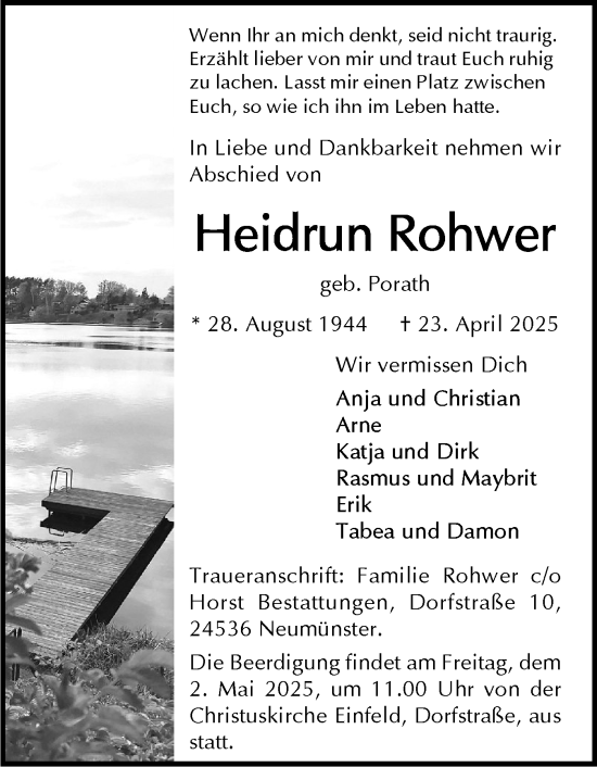 Traueranzeige von Heidrun Rohwer von Holsteinischer Courier