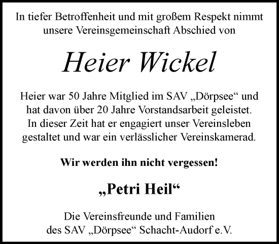 Traueranzeige von Heier Wickel von Schleswig-Holsteinische Landeszeitung