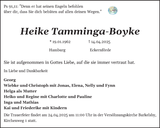 Traueranzeige von Heike Tamminga-Boyke von Eckernförder Zeitung