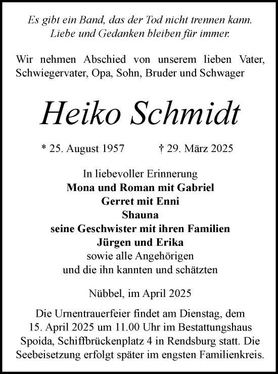 Traueranzeige von Heiko Schmidt von Schleswig-Holsteinische Landeszeitung