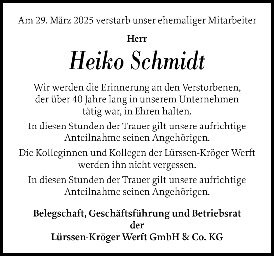 Traueranzeige von Heiko Schmidt von Schleswig-Holsteinische Landeszeitung