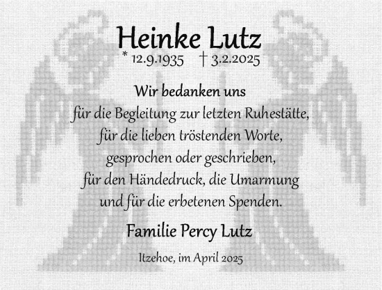 Traueranzeige von Heinke Lutz von Norddeutsche Rundschau, Wilstersche Zeitung, Glückstädter Fortuna
