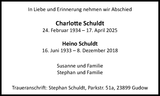 Traueranzeige von Heino Schuldt von MARKT Ratzeburg/Mölln
