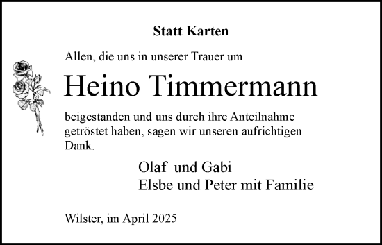 Traueranzeige von Heino Timmermann von Norddeutsche Rundschau, Wilstersche Zeitung, Glückstädter Fortuna