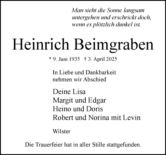 Traueranzeige von Heinrich Beimgraben von Norddeutsche Rundschau, Wilstersche Zeitung, Glückstädter Fortuna