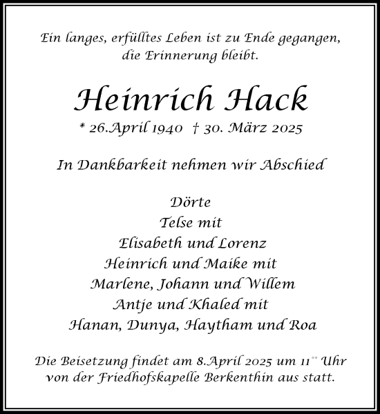 Traueranzeige von Heinrich Hack von MARKT Ratzeburg/Mölln