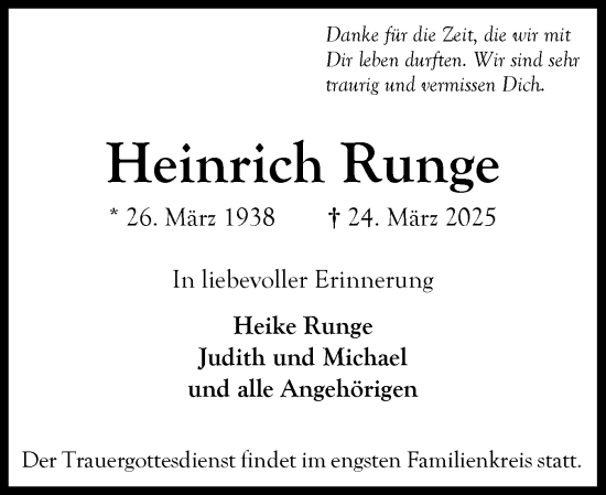 Traueranzeige von Heinrich Runge von Ostholsteiner Anzeiger