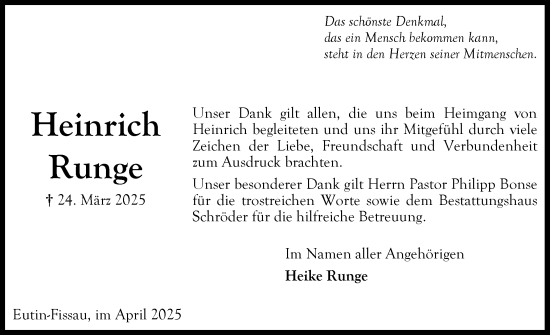 Traueranzeige von Heinrich Runge von Ostholsteiner Anzeiger