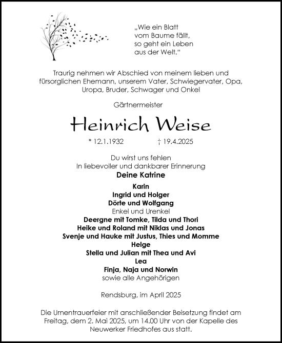Traueranzeige von Heinrich Weise von Schleswig-Holsteinische Landeszeitung