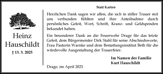 Traueranzeige von Heinz Hauschildt von Norddeutsche Rundschau, Wilstersche Zeitung, Glückstädter Fortuna