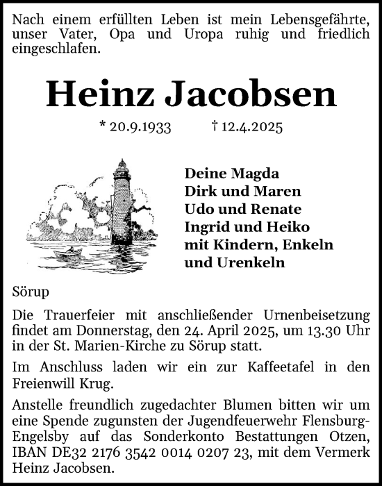 Traueranzeige von Heinz Jacobsen von Flensburger Tageblatt
