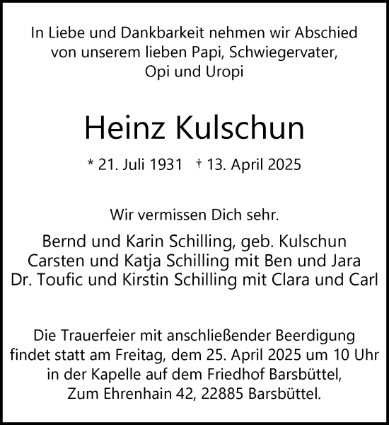 Traueranzeige von Heinz Kulschun von MARKT Glinde/Reinfeld