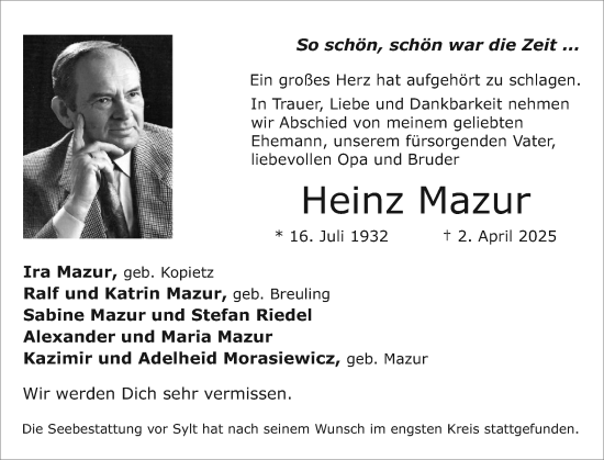 Traueranzeige von Heinz Mazur von Sylter Rundschau
