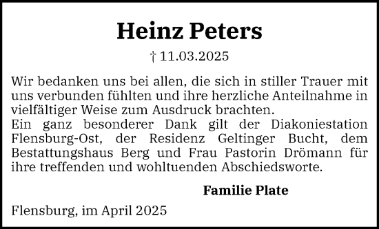 Traueranzeige von Heinz Peters von Flensburger Tageblatt
