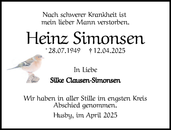 Traueranzeige von Heinz Simonsen von Flensburger Tageblatt