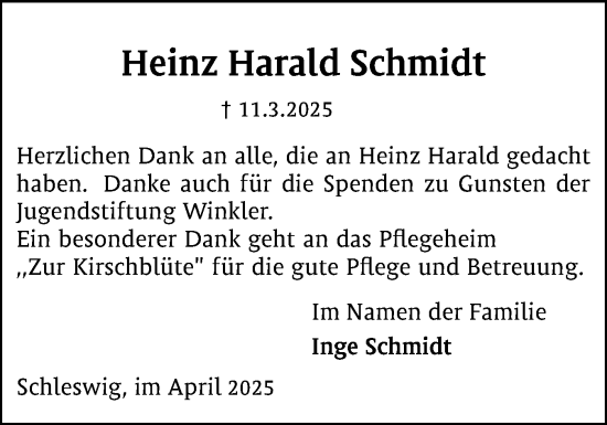 Traueranzeige von Heinz Harald Schmidt von Schleswiger Nachrichten, Schlei-Bote