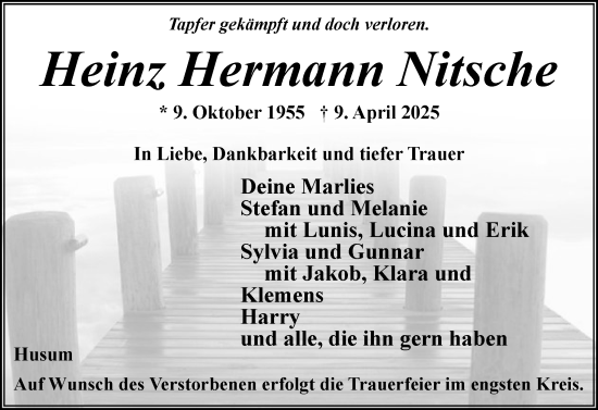 Traueranzeige von Heinz Hermann Nitsche von Husumer Nachrichten, Nordfriesland Tageblatt