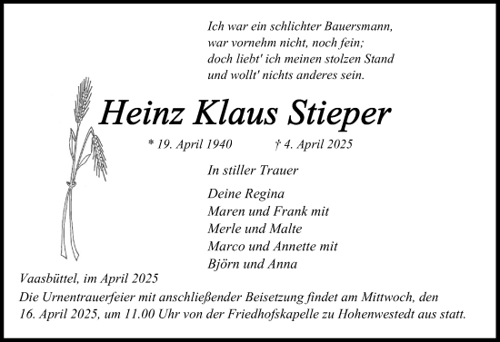 Traueranzeige von Heinz Klaus Stieper von Schleswig-Holsteinische Landeszeitung
