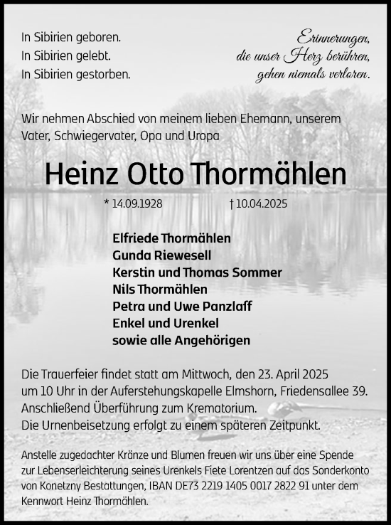 Traueranzeige von Heinz Otto Thormählen von Elmshorner Nachrichten, Barmstedter Zeitung