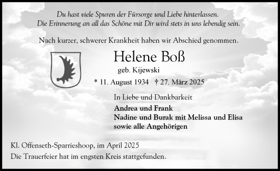 Traueranzeige von Helene Boß von Elmshorner Nachrichten, Barmstedter Zeitung
