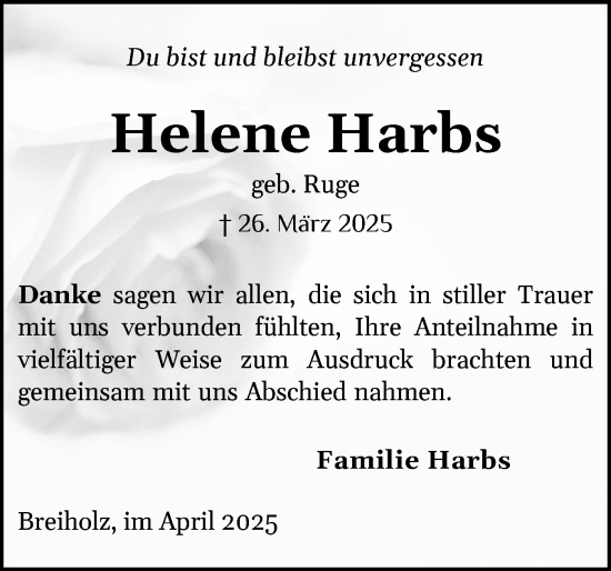 Traueranzeige von Helene Harbs von Schleswig-Holsteinische Landeszeitung