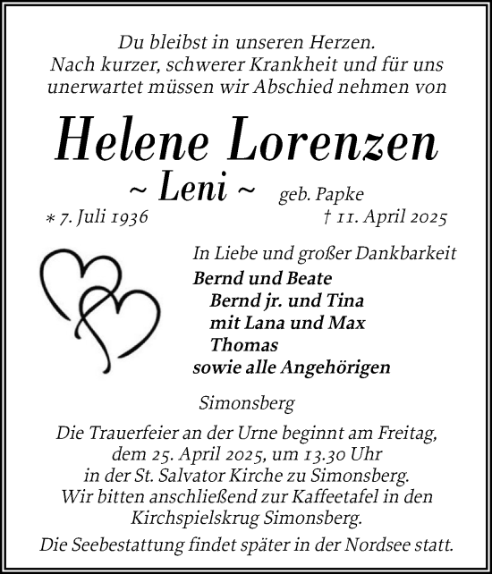 Traueranzeige von Helene Lorenzen von Husumer Nachrichten, Nordfriesland Tageblatt