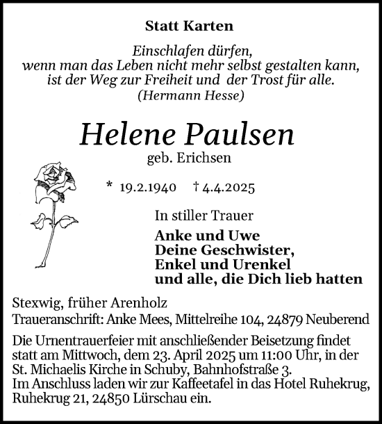 Traueranzeige von Helene Paulsen von Schleswiger Nachrichten, Schlei-Bote