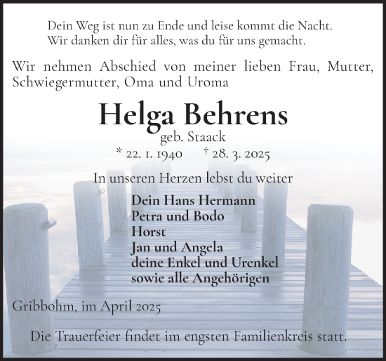 Traueranzeige von Helga Behrens von Norddeutsche Rundschau, Wilstersche Zeitung, Glückstädter Fortuna