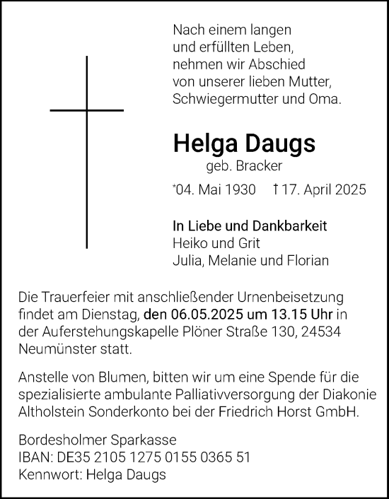 Traueranzeige von Helga Daugs von Holsteinischer Courier
